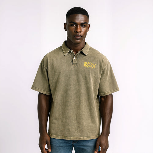 Man wearing a green polo shirt with 'Rascal Rogue' logo on a white background