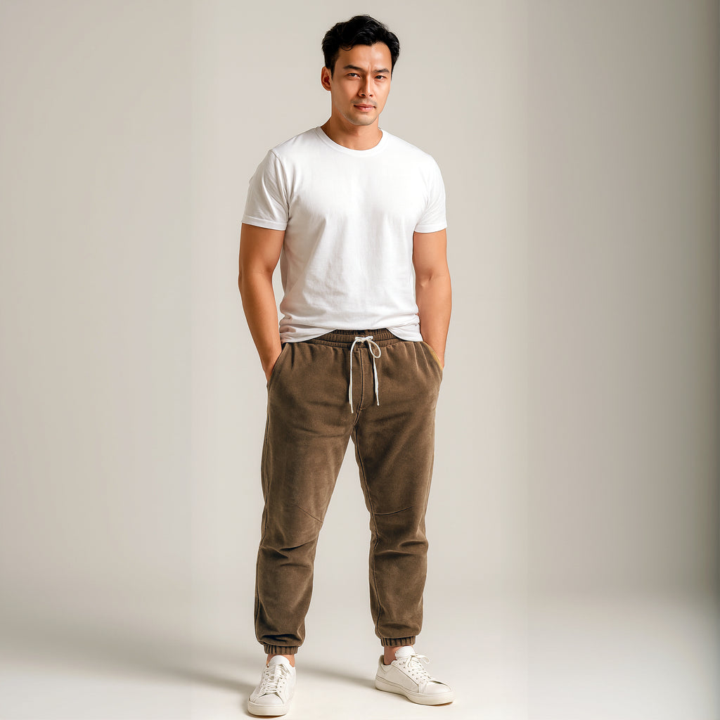 Man wearing a white t-shirt and brown pants against a plain background